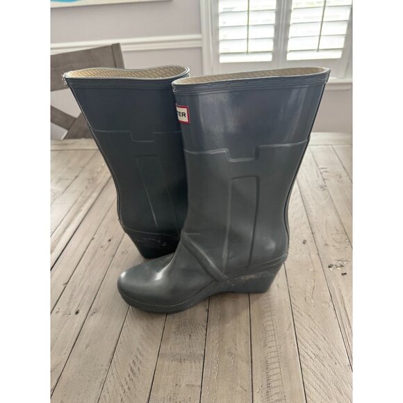 HUNTER Kellan Wedge Heel Mid Calf Rubber Rain Boots Grey Green Size 8M 9F - Picture 7 of 8